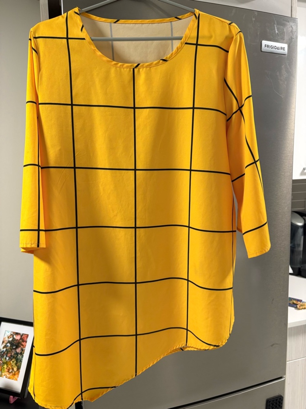 Yellow Windowpane Asymmetric Scoop Neck Blouse